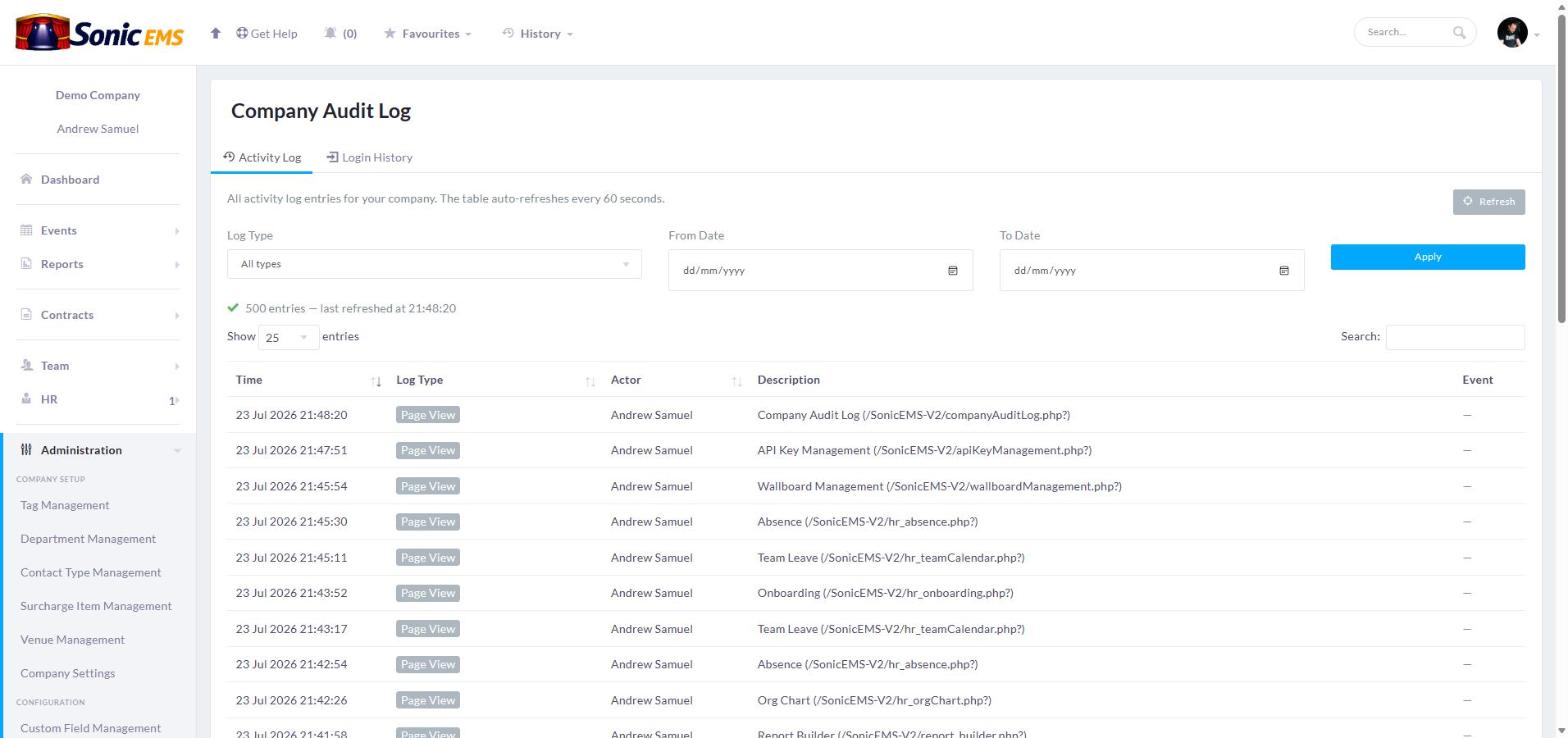 An audit log listing changes with user and timestamp