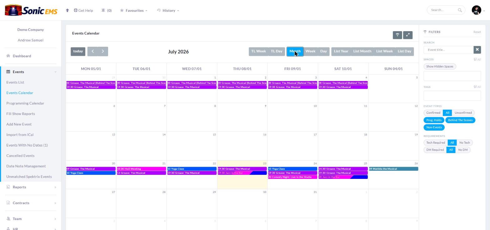 The events calendar month view