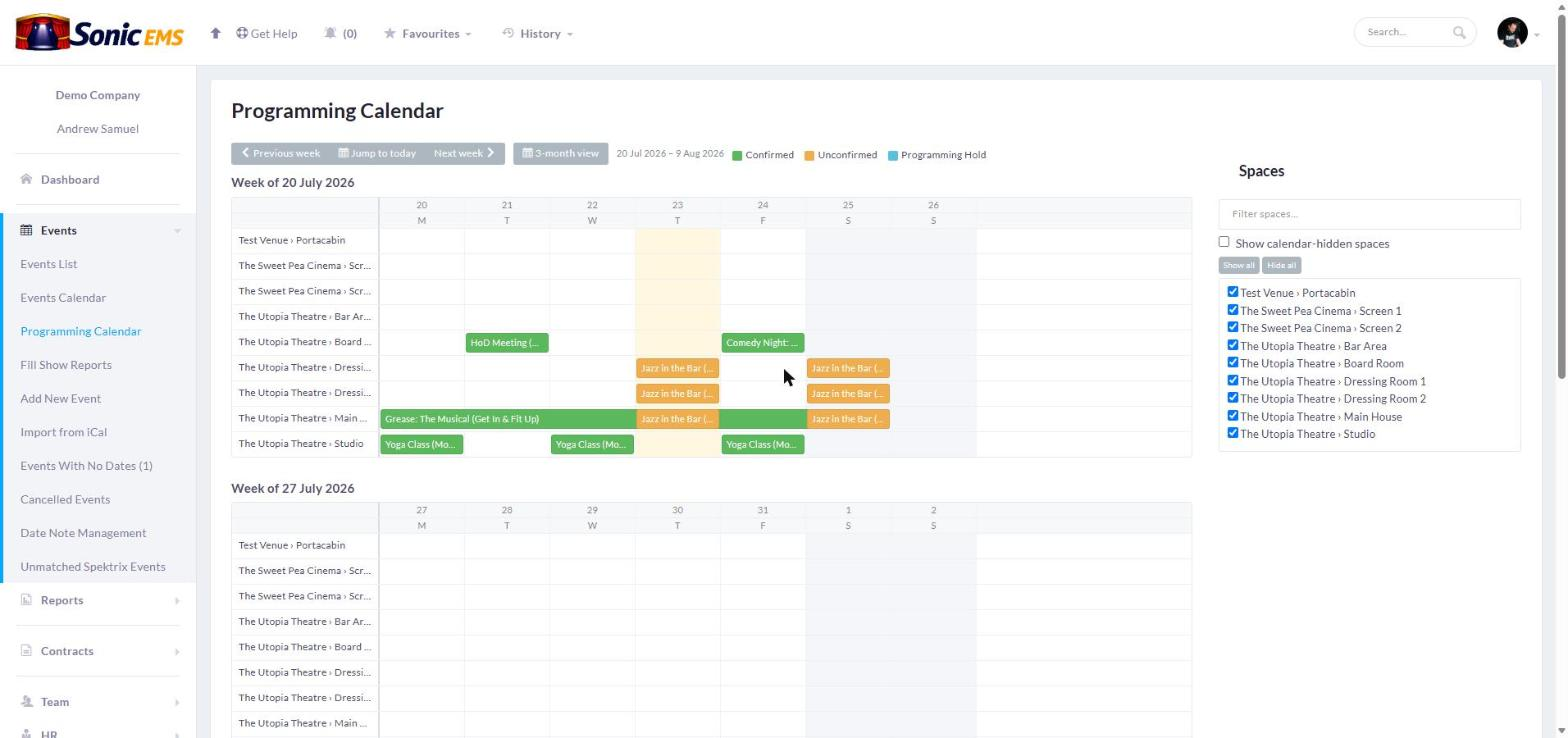 A calendar showing colour-coded events across multiple spaces