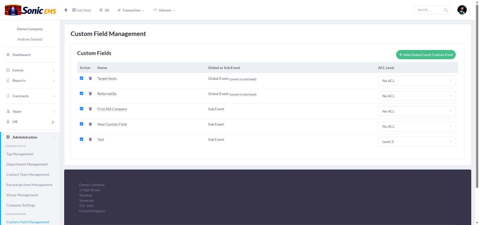 Custom field management for events
