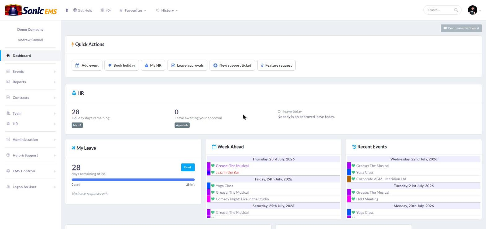 The Sonic EMS dashboard showing today&rsquo;s events, tasks and who is on site