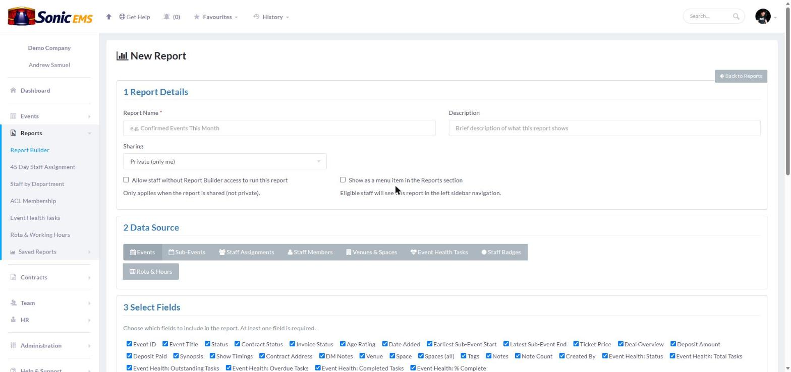 The report builder with fields, filters and a chart