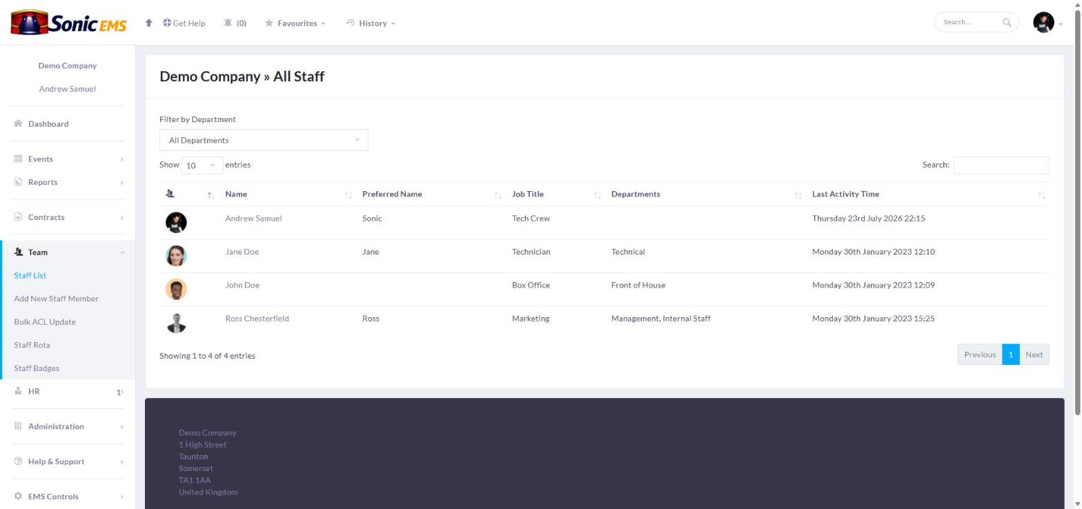 The team staff list with roles and departments